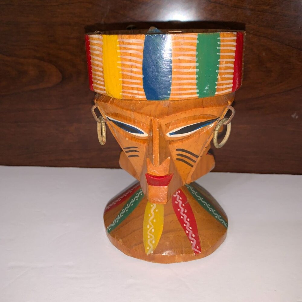 Hand Carved Wooden Tiki-Candle‎ Holder- 3 Faces- Vintage